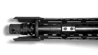 Tucked gas block under Magpul MOE SL handguard showing the Anderson adjustable gas block and handguard retainer cap
