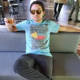 blue t-shirt with the phrase 'can't stop wont stop' show chips and dip