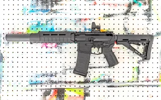 Completed .300 BLK AR-15 with tucked gas block, Magpul furniture, and Dead Air Nomad-L suppressor